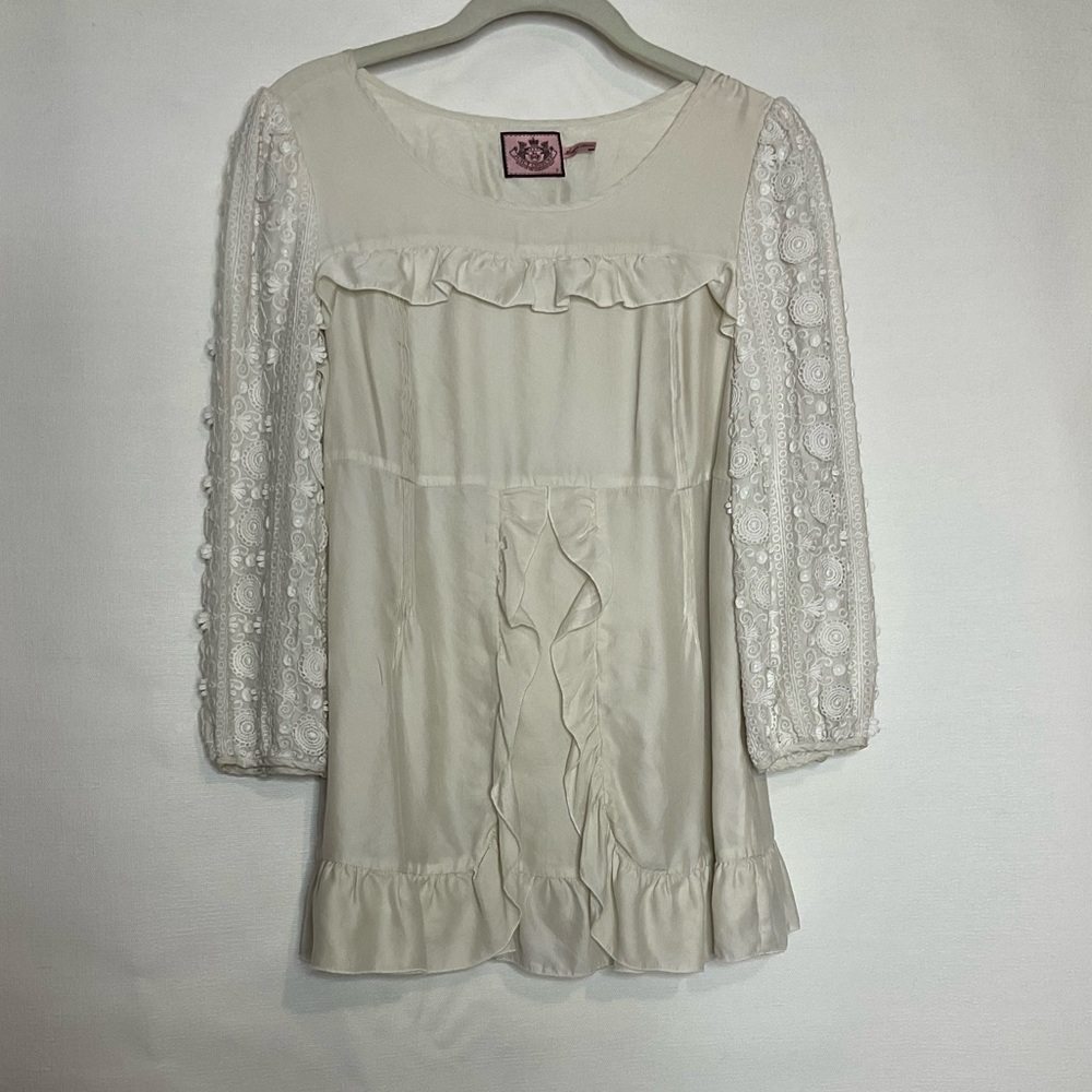 Ivory 100% Silk Juicy Couture Ruffle Lace Babydoll Blouse Size 6 - Picture 6 of 8